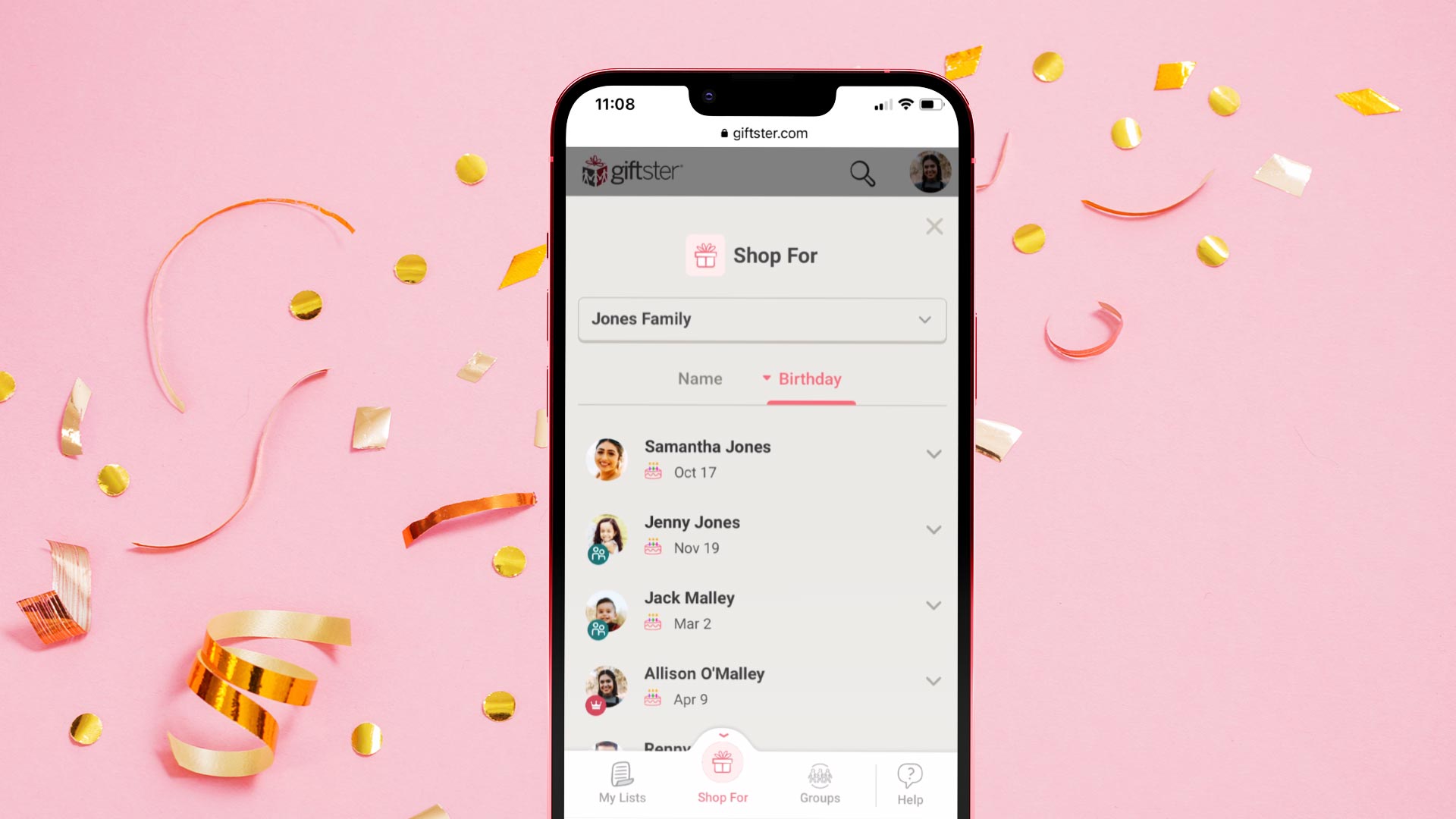 See upcoming birthdays while you browse family wish lists.